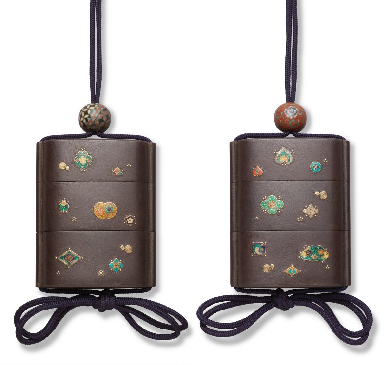 AN INLAID IRON TWO-CASE INRO  JAPAN, EDO PERIOD (19TH CENTURY), SIGNED HIRATA HARUNARI (HIRATA HARUNARI)