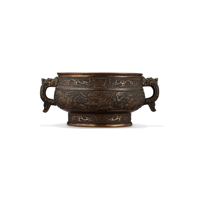 明末/ 清初 局部鎏金銅海獸紋龍首耳爐  LATE MING-EARLY QING DYNASTY, 17TH CENTURY - 图1
