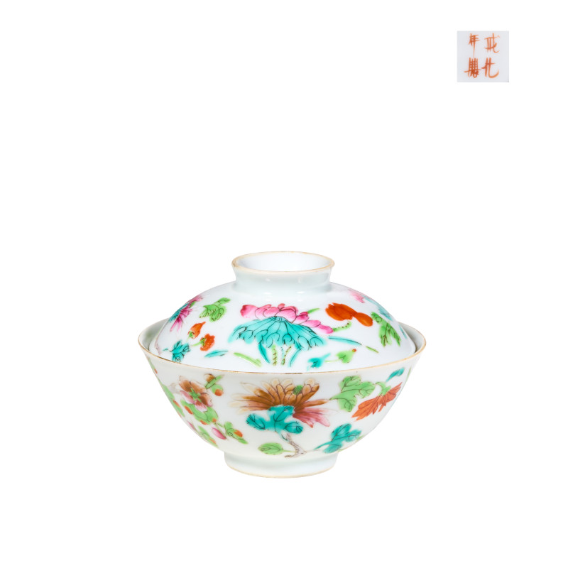 清道光 粉彩四季花卉纹盖碗 - 图1
