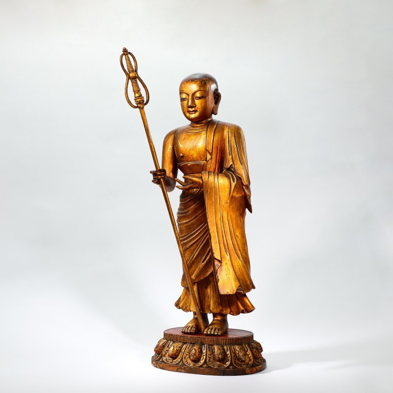 清康熙 木胎漆金地藏王菩萨立像 - 图9