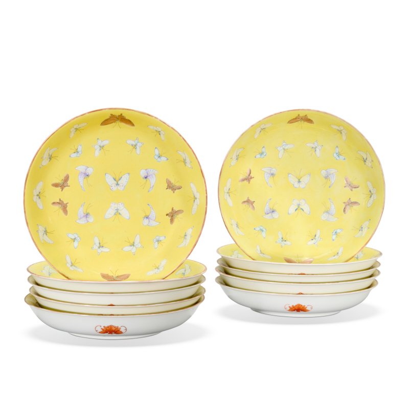 A GROUP OF TEN YELLOW-GROUND FAMILLE ROSE 'BUTTERFLY' DISHES  CHINA, REPUBLIC PERIOD (1912-1949)