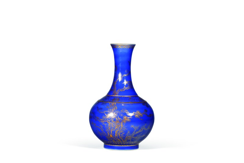 清光绪 霁蓝釉描金松竹梅纹赏瓶