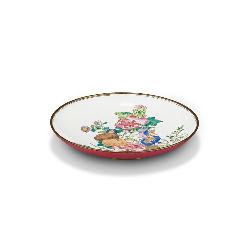 清雍正 外胭脂紅釉銅胎畫琺琅花果圖盤兩件  YONGZHENG PERIOD (1723-1735) - 图3