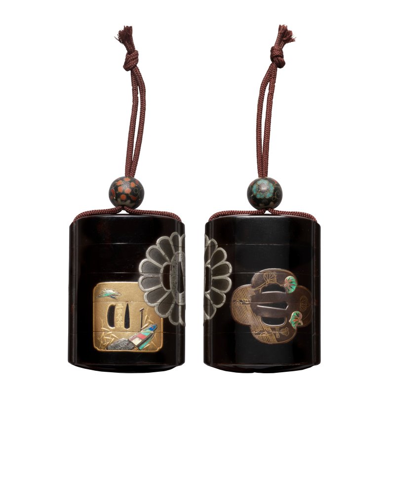 AN INLAID BLACK LACQUER FOUR-CASE INRO  JAPAN, EDO PERIOD (19TH CENTURY), SIGNED HIRATA HARUNARI (HIRATA HARUNARI)