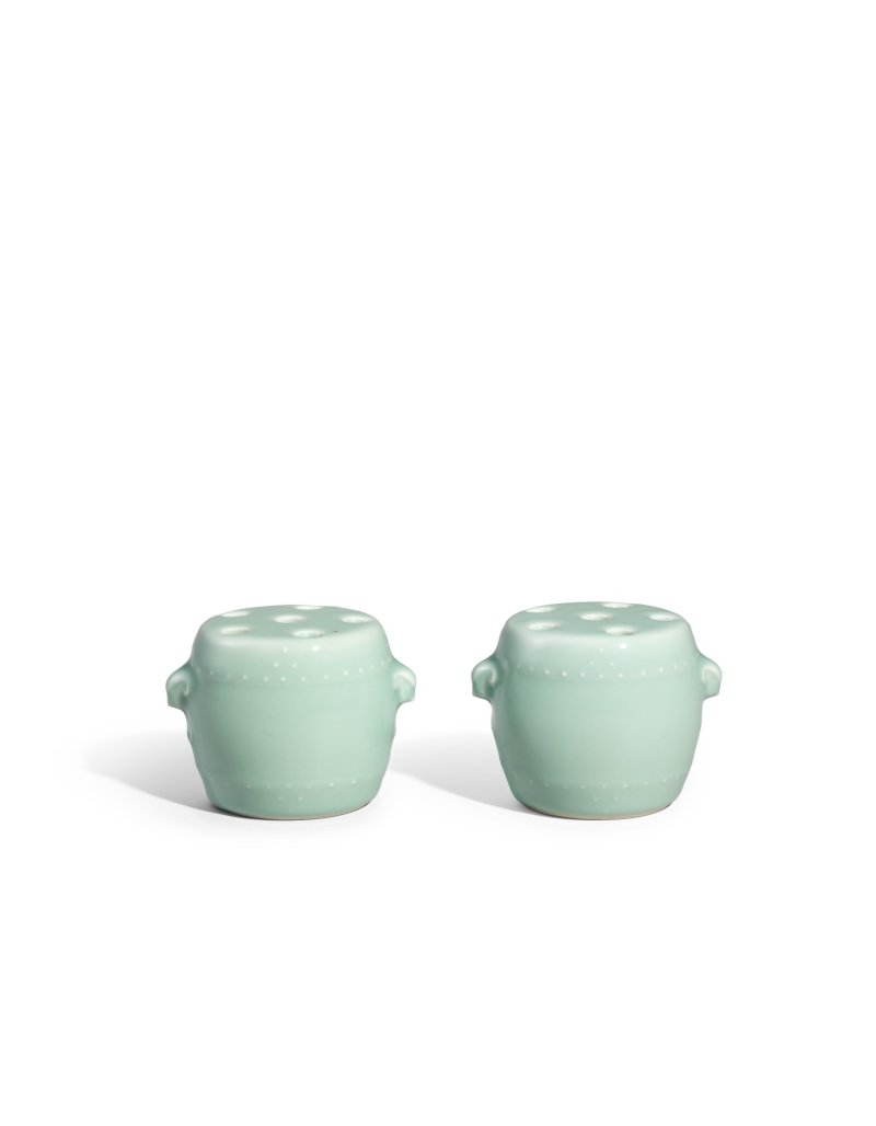 A fine and rare pair of small celadon-glazed barrel-shaped vases, Seal marks and period of Qianlong | 清乾隆　粉青釉鼓式花插一對　《乾隆年製》款