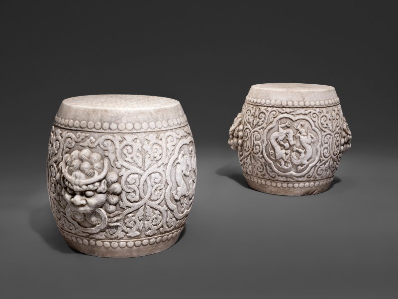 A RARE PAIR OF IMPERIAL WHITE MARBLE DRUM STOOLS  CHINA, 17TH CENTURY
