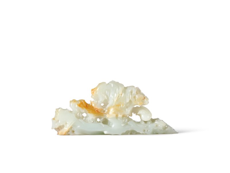 An imperial white and russet jade brushrest, Qing dynasty, Qianlong period | 清乾隆　御製白玉錦雞山石筆擱