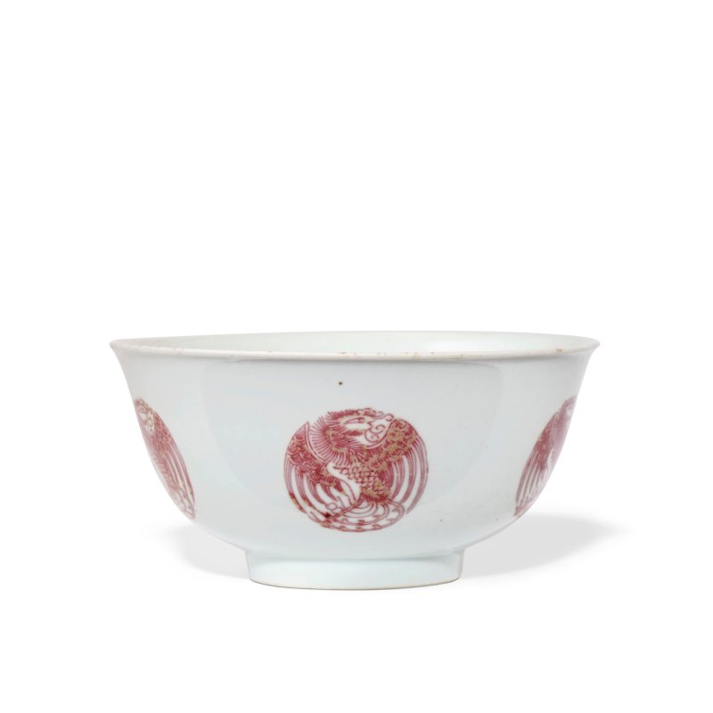 A COPPER-RED-DECORATED 'PHOENIX MEDALLION' BOWL  CHINA, QING DYNASTY, DAOGUANG SIX-CHARACTER SEAL MARK IN UNDERGLAZE BLUE AND OF THE PERIOD (1821-1850)