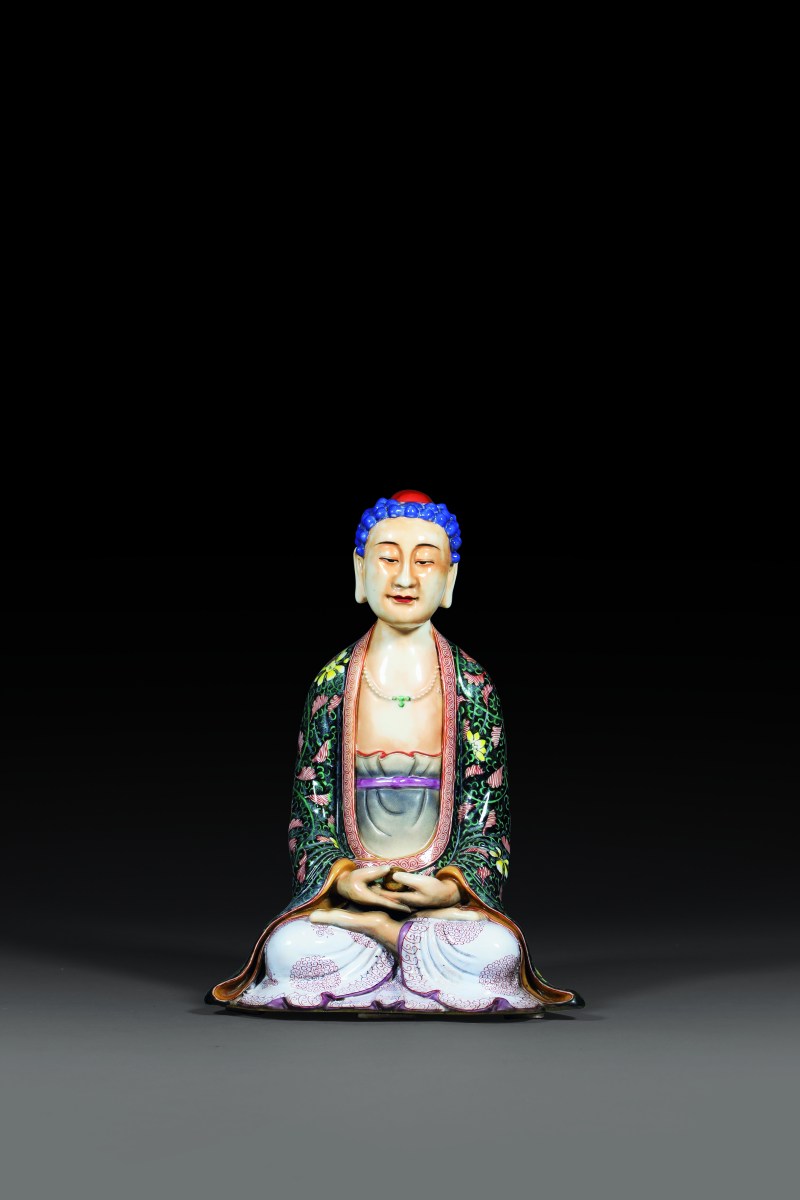 清 墨地五彩花卉纹药师佛 - 图1