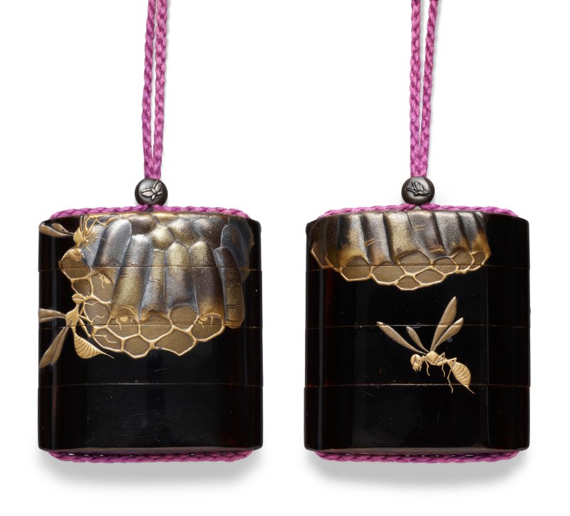 A BLACK LACQUER THREE-CASE INRO  JAPAN, MEIJI PERIOD (LATE 19TH-EARLY 20TH CENTURY), SIGNED REISAI UTSUSU (SHIBATA REISAI;1850-1915)
