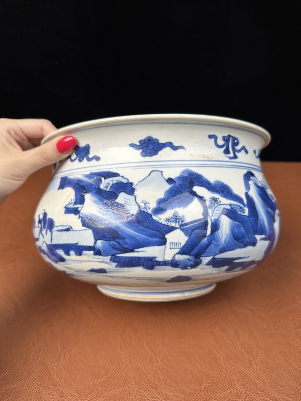 清康熙 青花山水人物图罗汉炉 - 图9