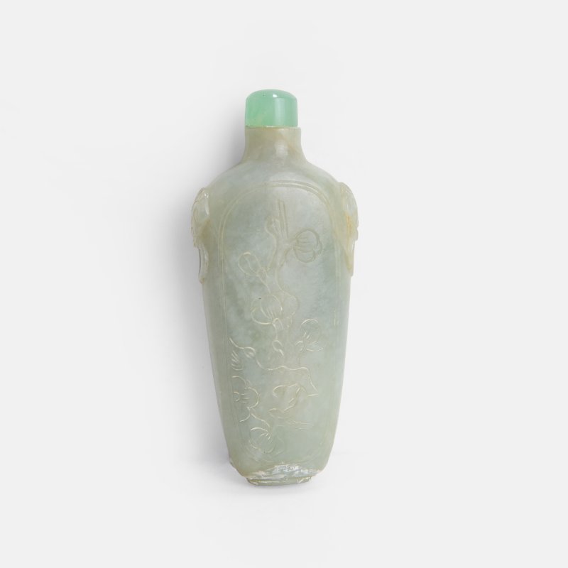 民国 玉雕梅花诗文鼻烟壶 | A Chinese jade snuff bottle Republic period (1912-1949), the well-hollowed flattened tapering body flanked with two mask and ring handles to the sides