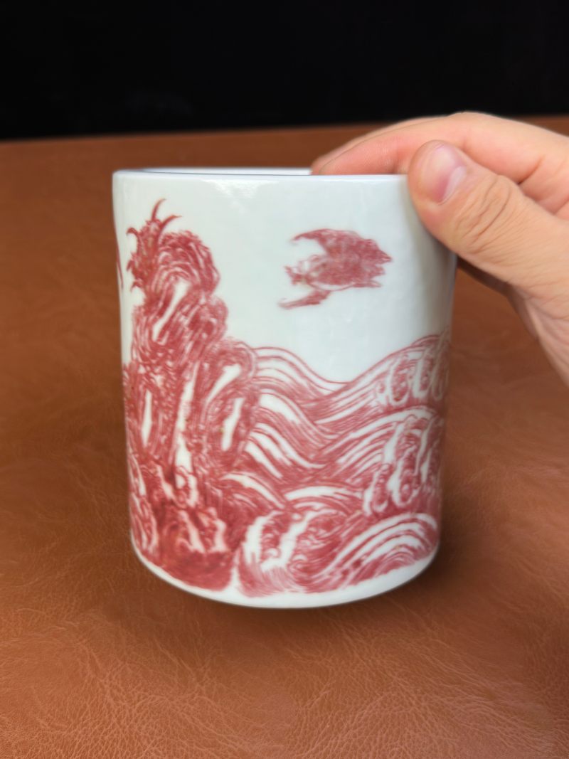 清 釉里红福山寿海笔筒 - 图5