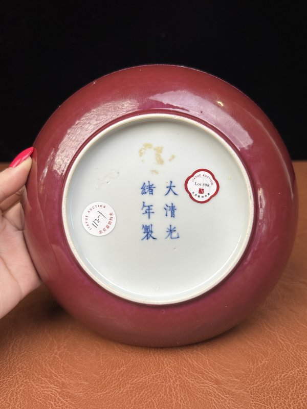 清光绪 外胭脂红釉内粉彩福寿有子图盘一对 - 图16