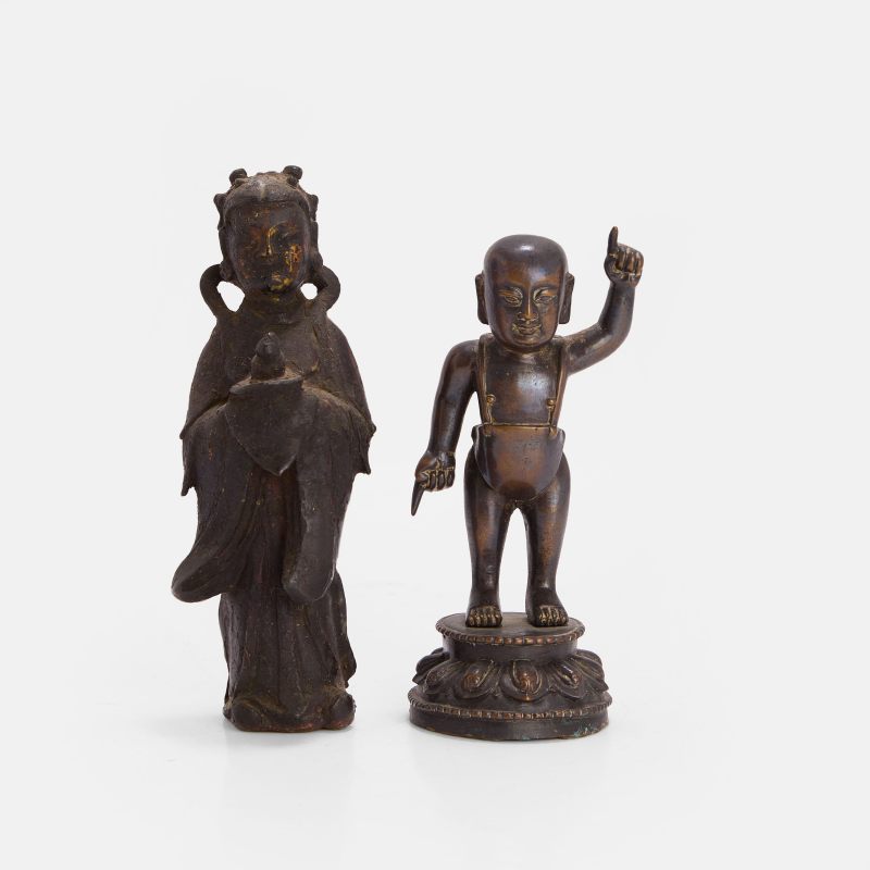 明晚期 铜诞生佛立像 及 龙女立像 | Two Chinese bronze figures late Ming dynasty, comprising:
an infant Buddha - 图2