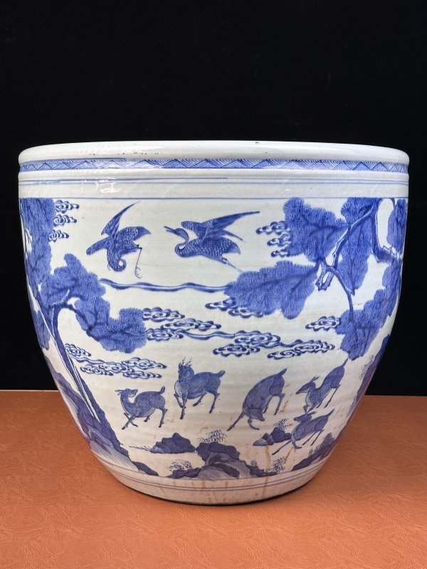 清康熙 青花鹤鹿同春纹大缸 - 图8