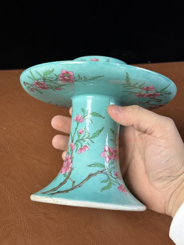 清 松石绿地粉彩桃花高足盏托 - 图10