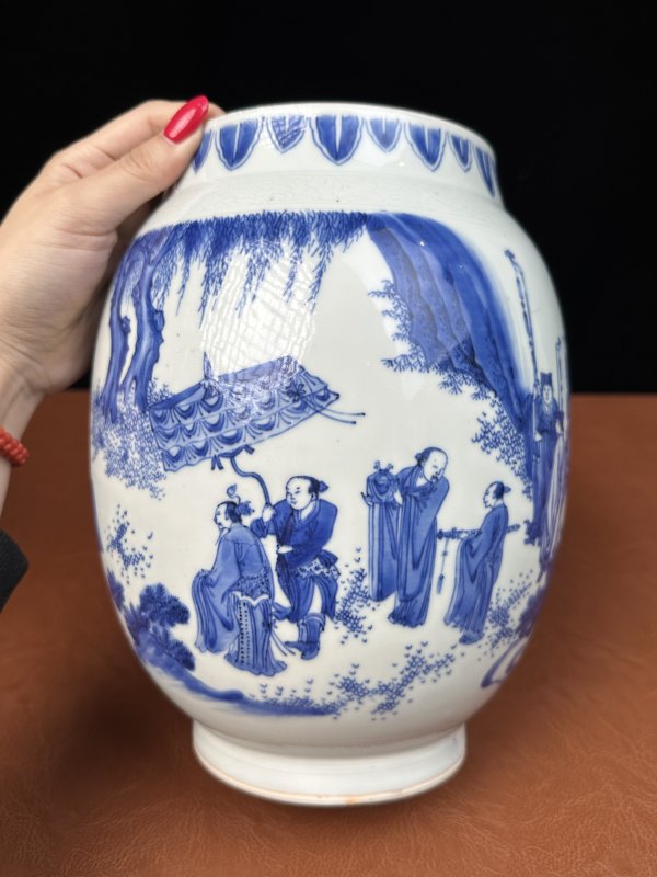 明崇祯 青花文王访贤莲子罐 - 图11