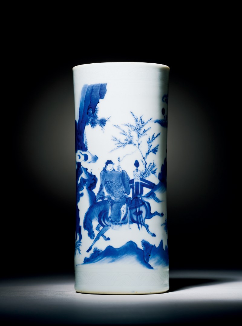 明崇祯 青花状元荣归图笔筒 - 图1