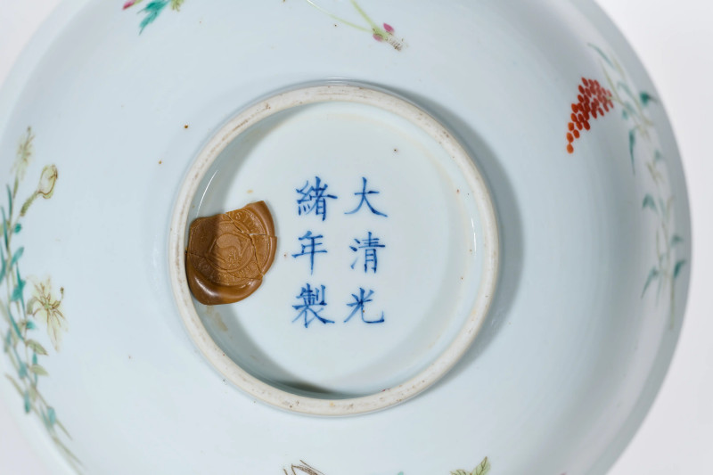 清光绪 内青花荷塘图外粉彩折枝花卉纹碗 - 图5