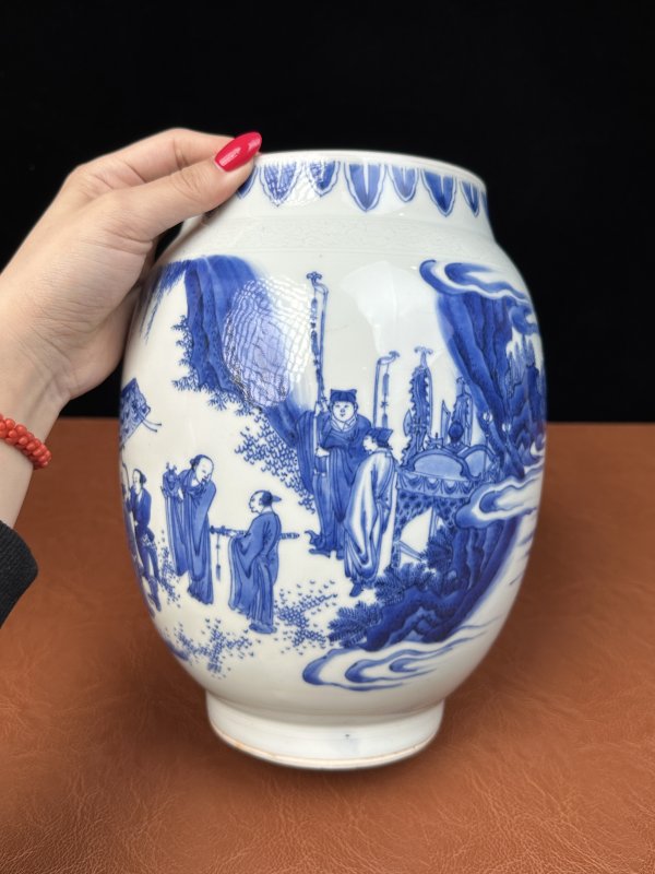 明崇祯 青花文王访贤莲子罐 - 图12