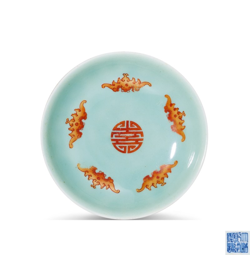 清乾隆 豆青釉粉彩吉祥如意纹盘 - 图1