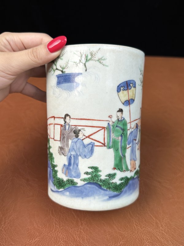清顺治  青花五彩蟾宫折桂图笔筒 - 图5