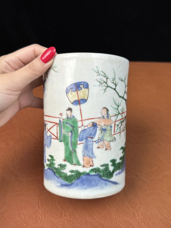 清顺治  青花五彩蟾宫折桂图笔筒 - 图6