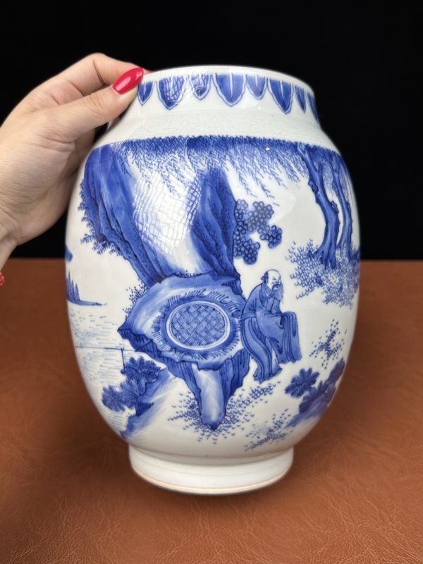 明崇祯 青花文王访贤莲子罐 - 图15