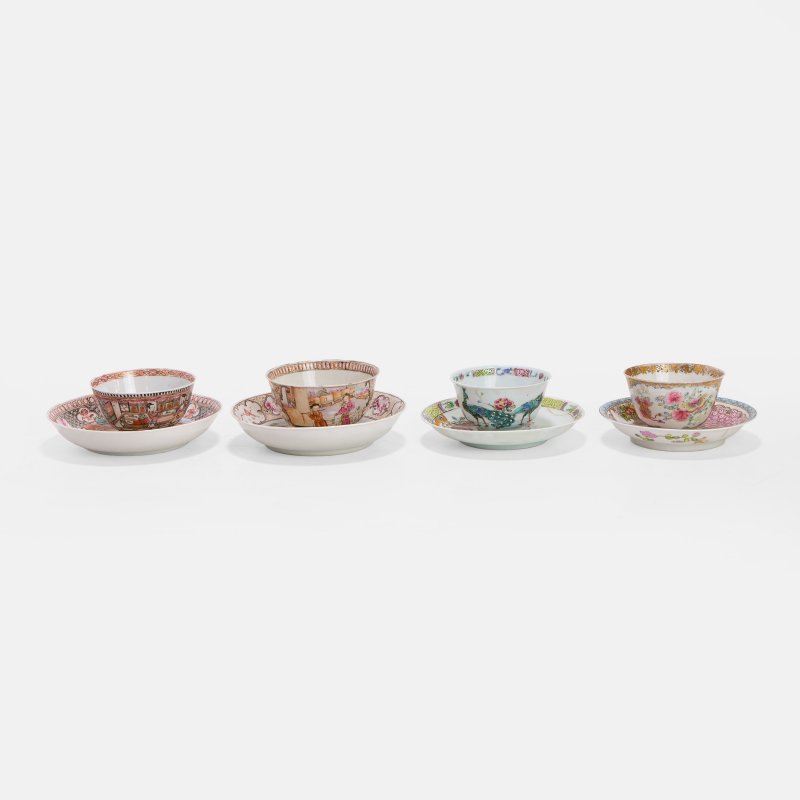 清十八世纪 粉彩人物花鸟图茶杯及碟 一组八件 | Four Chinese teacups and saucers 18th century, comprising:
one matching cup and saucer - 图2