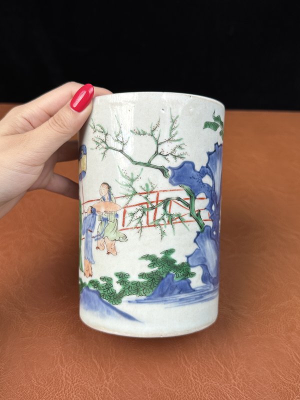 清顺治  青花五彩蟾宫折桂图笔筒 - 图7