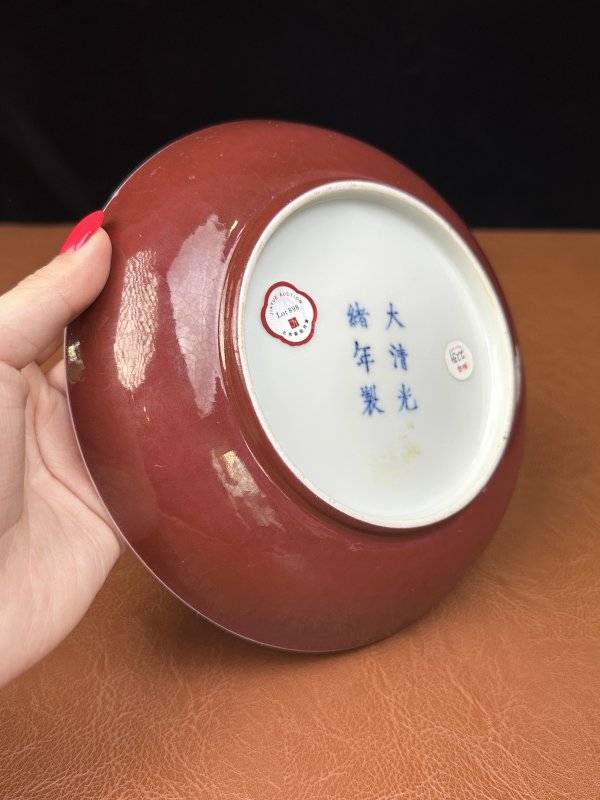 清光绪 外胭脂红釉内粉彩福寿有子图盘一对 - 图12