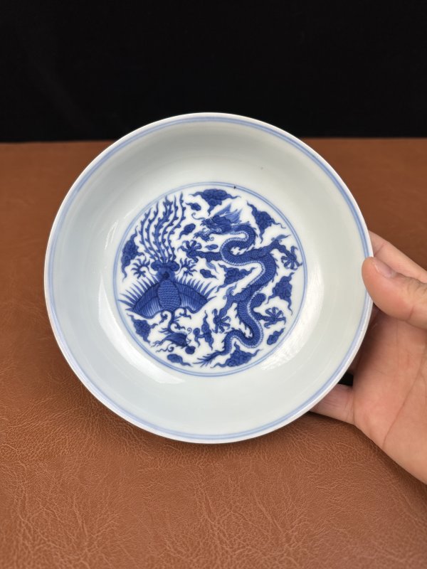 清康熙 青花龙凤纹盘 - 图3