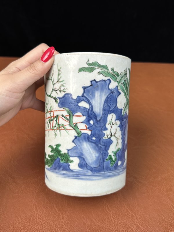 清顺治  青花五彩蟾宫折桂图笔筒 - 图8