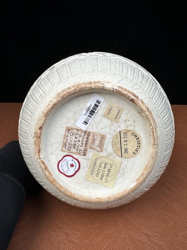 清雍正 浆胎仿定白釉剔刻缠枝花卉蕉叶纹天球瓶 - 图19