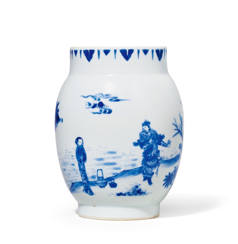 明崇祯 青花范蠡访西施“浣纱图”莲子罐 - 图1