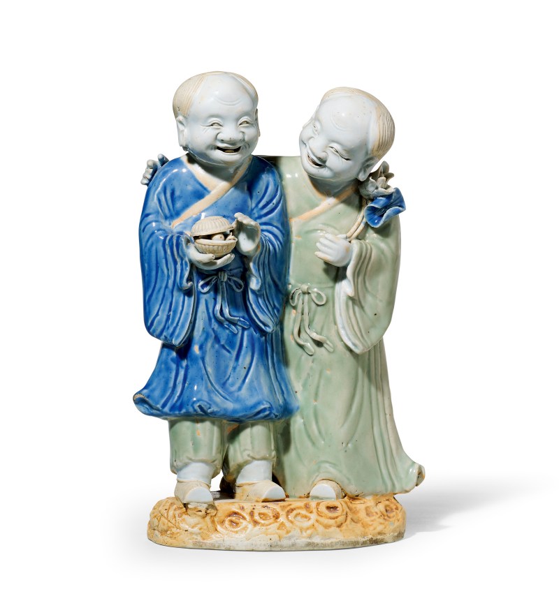 清早期 青花青釉和合二仙瓷塑