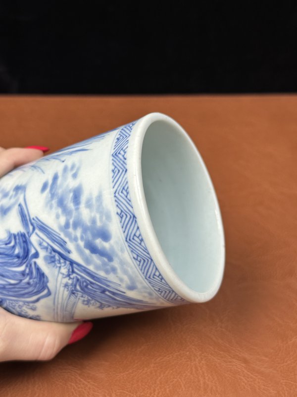 清康熙 青花“西厢记佛殿奇逢”图笔筒 - 图11