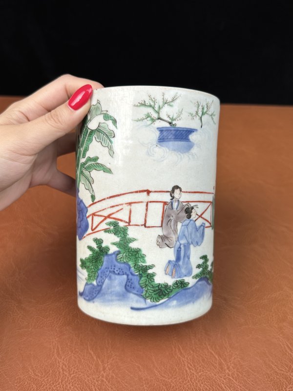 清顺治  青花五彩蟾宫折桂图笔筒 - 图10