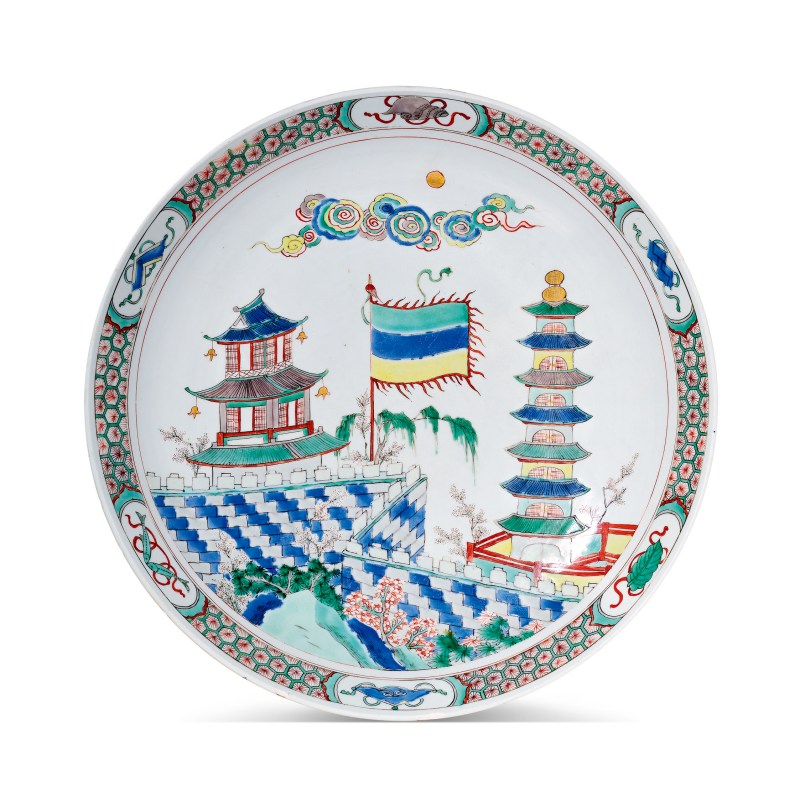 清康熙 五彩亭台楼阁图盘