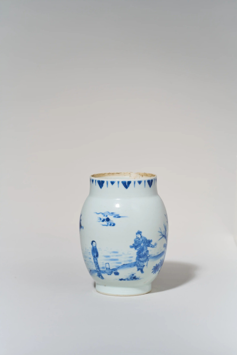 明崇祯 青花范蠡访西施“浣纱图”莲子罐 - 图3