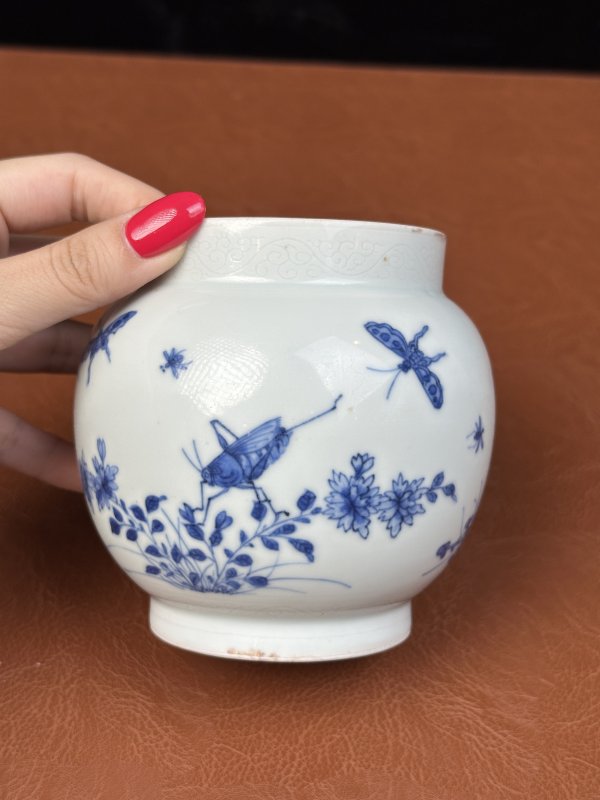 明崇祯  青花英英玉立飞黄腾达图莲子罐 - 图4