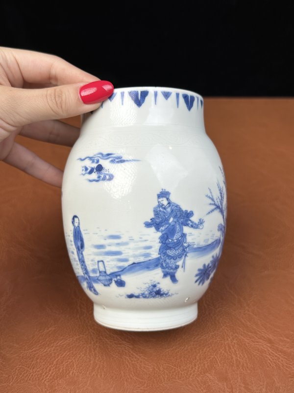 明崇祯 青花范蠡访西施“浣纱图”莲子罐 - 图4