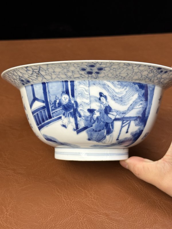清康熙 青花“西厢记张生跪红”诗文折沿碗 - 图5