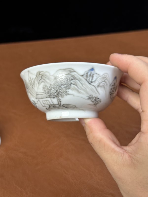 清雍正 墨彩山水杯一对 - 图3