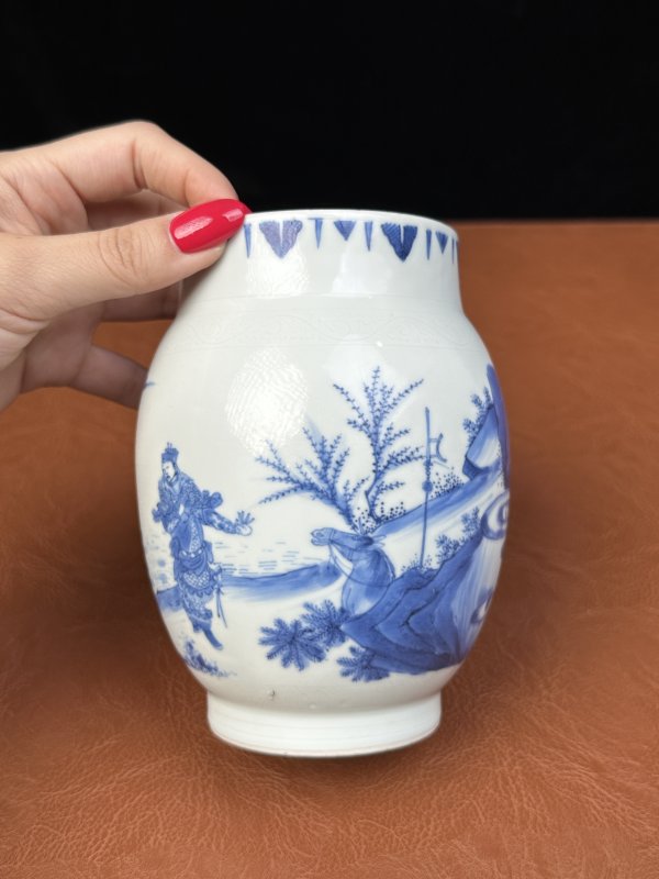 明崇祯 青花范蠡访西施“浣纱图”莲子罐 - 图5