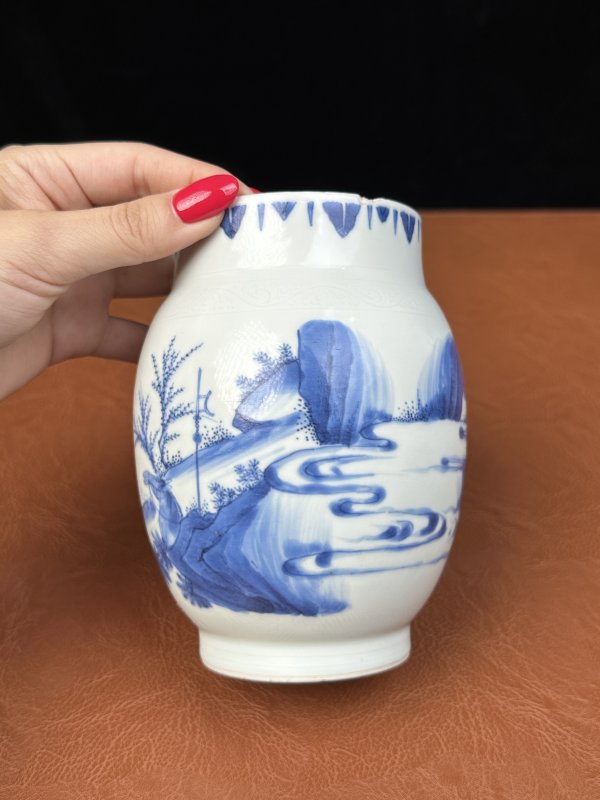 明崇祯 青花范蠡访西施“浣纱图”莲子罐 - 图6