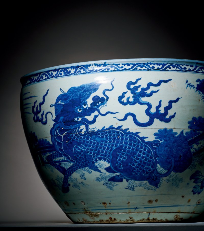 明嘉靖  青花威凤祥麟元宝缸 - 图2
