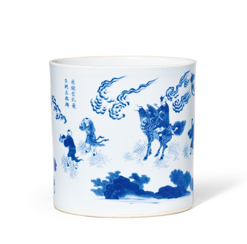 明崇祯  青花麒麟送子图笔筒 - 图1