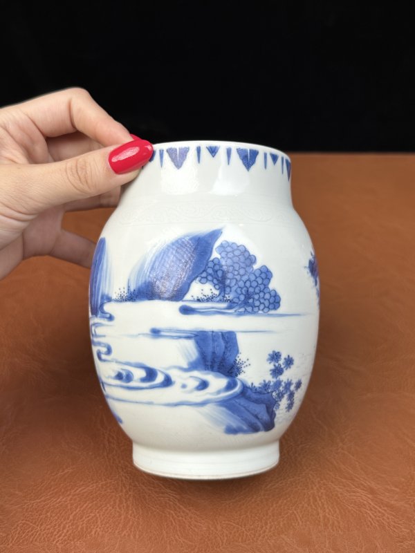 明崇祯 青花范蠡访西施“浣纱图”莲子罐 - 图7
